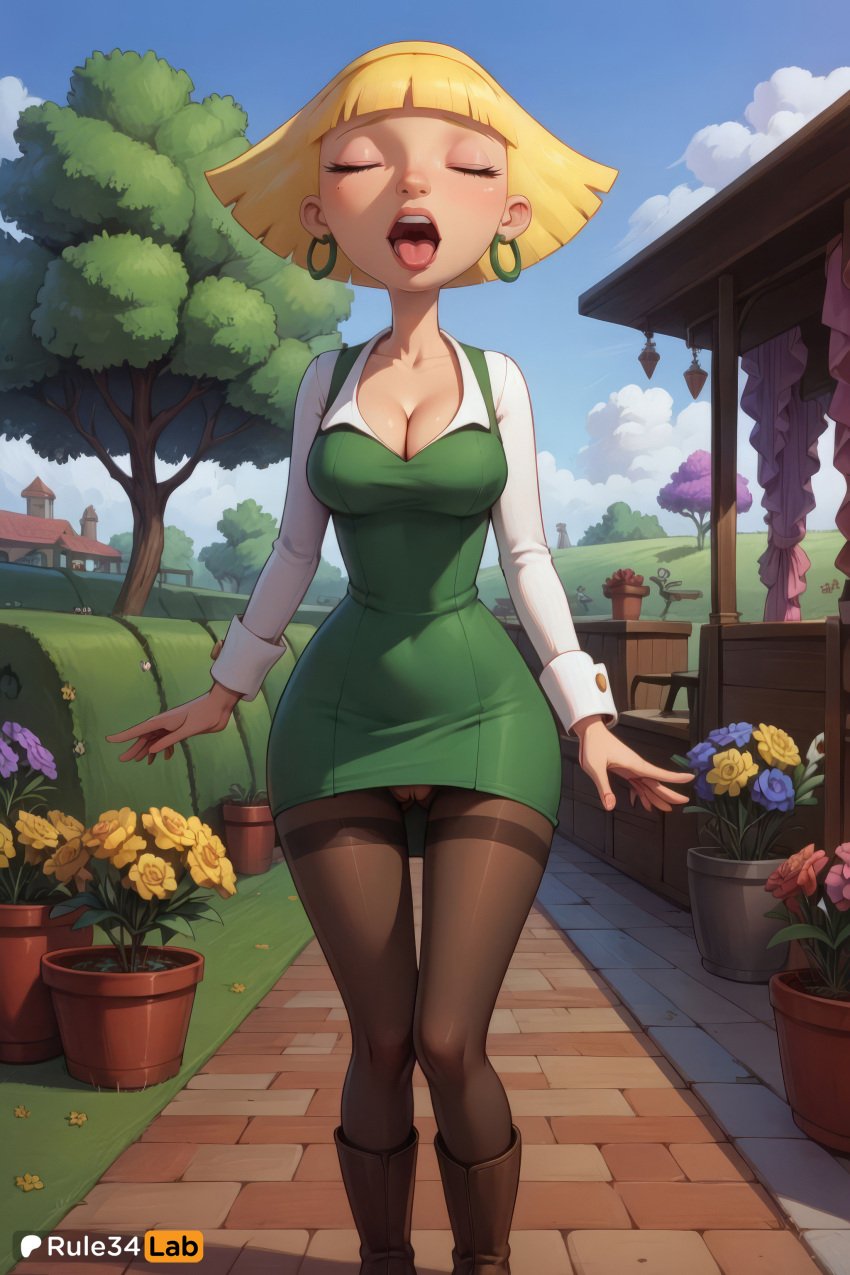1girls ai_generated artist_name blonde_hair blue_sky blunt_bangs boots breasts brown_footwear cleavage closed_eyes cloud day dress earrings facing_viewer flower flower_pot green_dress hey_arnold! hi_res hoop_earrings jewelry knee_boots large_breasts lips long_sleeves medium_breasts nickelodeon no_panties olga_pataki open_mouth oral_invitation outdoors pantyhose patreon_logo patreon_username plant potted_plant pussy rule34lab short_dress short_hair sky solo standing teeth thighband_pantyhose tongue tongue_out torn_clothes torn_pantyhose tree twitter_logo upper_teeth_only yellow_flower