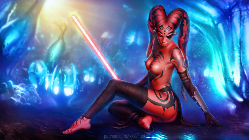 1girls alien ass breasts closed_eyes darth_talon feet female female_only lightsaber nipples pussy red_skin star_wars tattoo twi'lek xxxartist