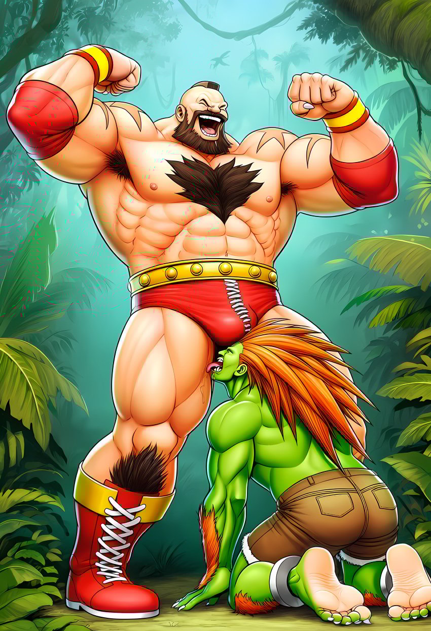 ai_generated ass bara barefoot blanka clothed_sex crawling flexing green_skin human_on_anthro jungle licking_balls male muscular muscular_male size_difference street_fighter tagme yaoi zangief