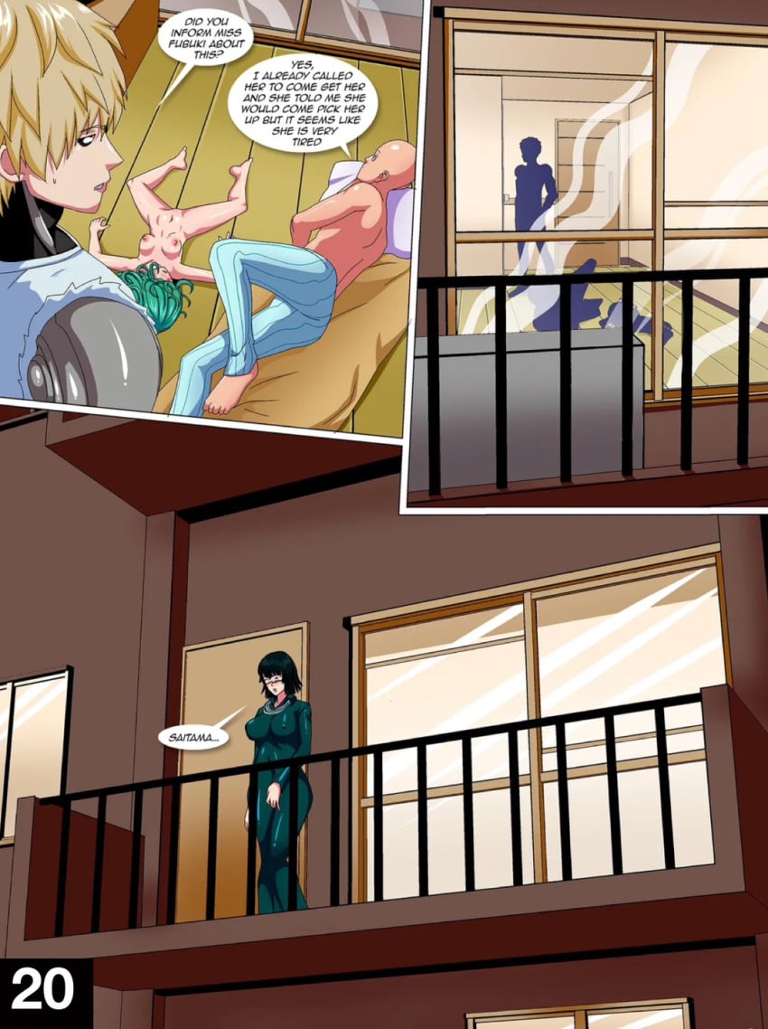 2boys 2girls after_sex after_vaginal big_breasts blush breasts breasts comic dialogue fubuki_(one-punch_man) genos horny nipples nude nude_female one-punch_man palcomix saitama small_breasts tatsumaki text window