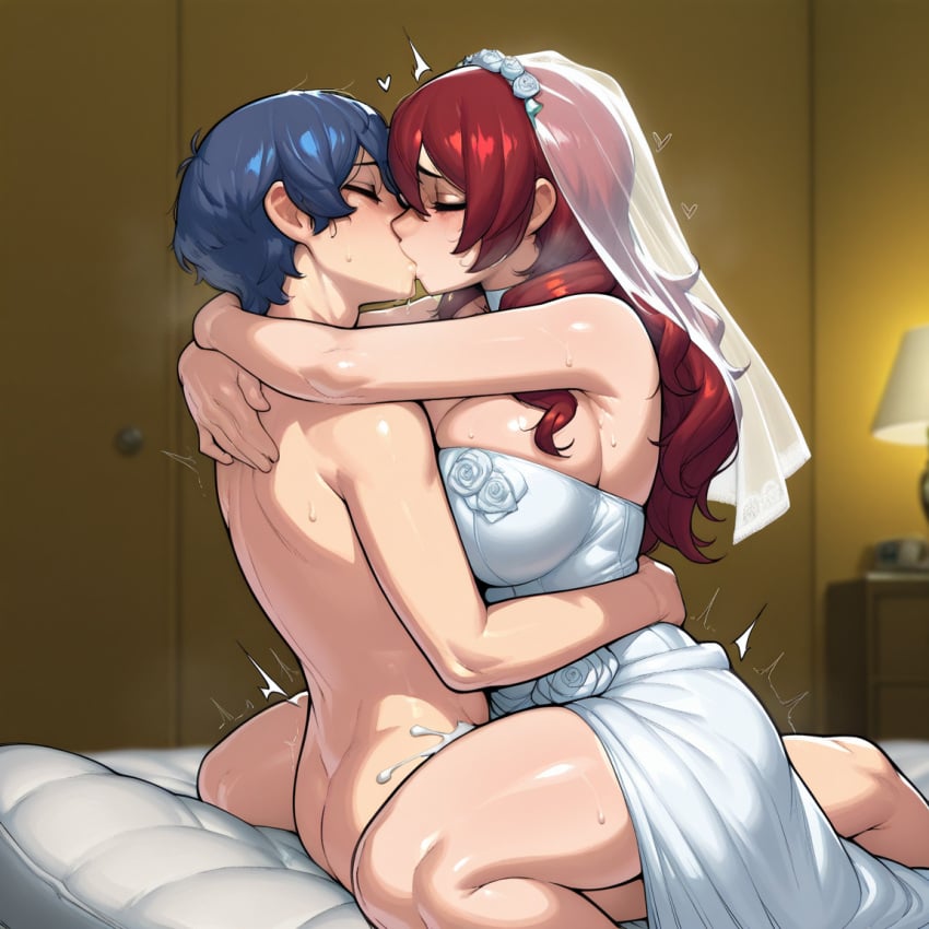 1boy 1boy1girl 1girls ai_generated ambiguous_penetration blue_hair bride digbyai female female kissing kissing makoto_yuki male male/female mitsuru_kirijo persona persona_3 red_hair sex straight tagme wedding_dress wedding_lingerie