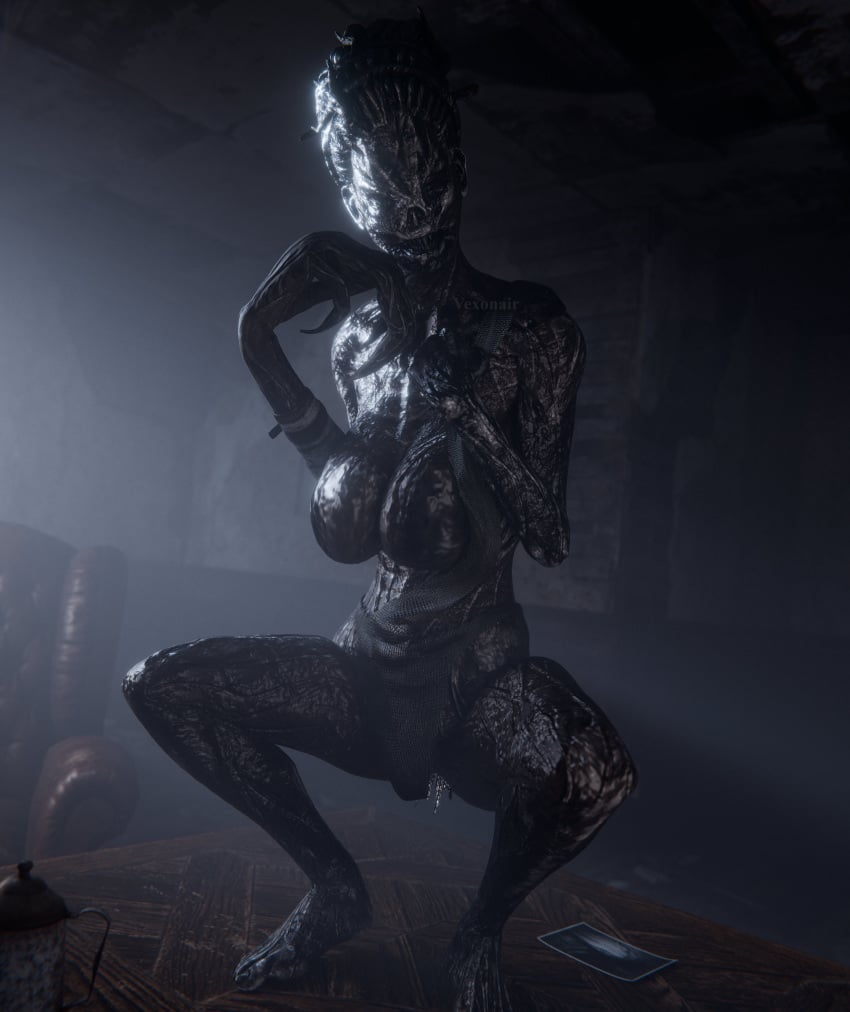 1girls 3d big_breasts dead_by_daylight lisa_sherwood monster monster_girl nightmare_waifu sharp_teeth squatting the_hag vexonair