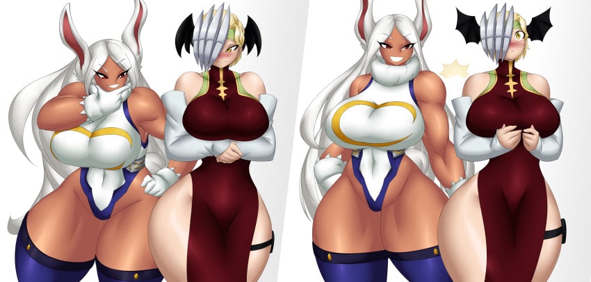 2d 2d_(artwork) 2d_artwork 2girls alternate_body_type alternate_breast_size armwear big_breasts blonde_hair blonde_hair_female blush blush boku_no_hero_academia bunny_ears bunny_girl curvy dark_skin dark_skinned_female digital_drawing_(artwork) digital_media_(artwork) duo duo_female duo_focus gloves hand_on_hip hips hips_wider_than_shoulders large_breasts legwear light_skin light_skinned light_skinned_female long_hair_female looking_at_ass looking_at_butt looking_pleasured miruko my_hero_academia panels pleasure_face red_eyes red_eyes_female short_hair short_hair_female smack smacking_ass smacking_butt smile smiling superhero superhero_costume superheroine superheroine_costume tan_body tan_skin tan_skinned tan_skinned_female tatsuma_ryuuko thick_legs thick_thighs thighs white_gloves white_hair white_hair_female wide_hips wings wings_on_head yellow_eyes yellow_eyes_female