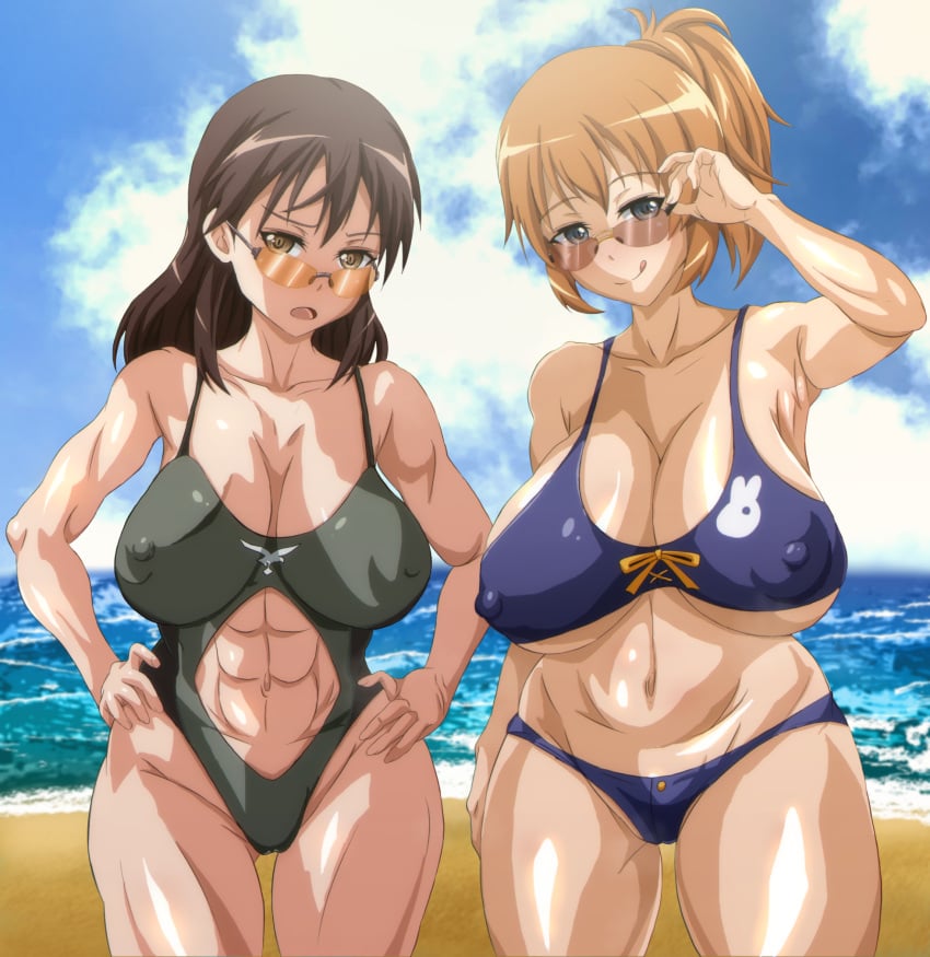 2girls abs arobiro beach brown_hair charlotte_e._yeager gertrud_barkhorn huge_breasts large_breasts muscle_girl orange_hair sluts strike_witches sunglasses swimsuit world_witches_series