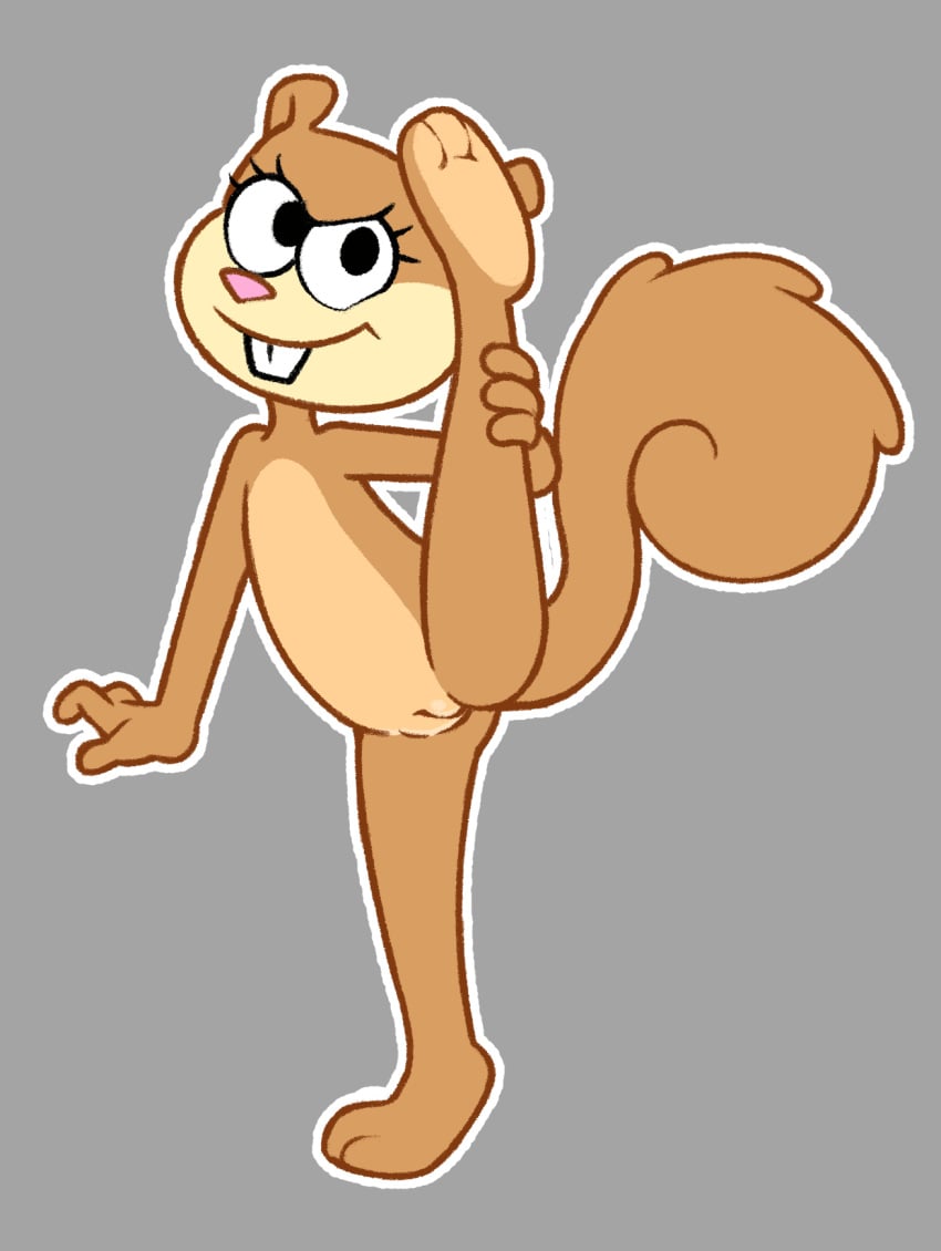 2025 anthro ass featureless_chest feet female flat_chested gaturo genitals grey_background hi_res looking_at_viewer mammal nickelodeon on_one_leg rodent sandy_cheeks sciurid simple_background smile soles solo spongebob_squarepants spread_legs spreading standing tail toes tree_squirrel vulva