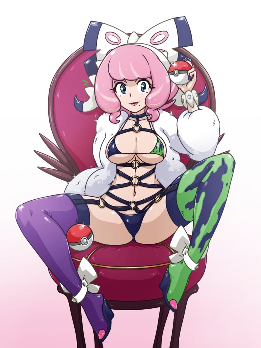 1girls 2d 2d_(artwork) bikini_bottom bikini_top blue_eyes blue_eyes_female female gravelurkertsk half_nude high_heels klara_(pokemon) legs_apart looking_at_viewer mole mole_under_mouth pink_hair pink_hair_female pinup pokeball pokemon_ss sitting_on_chair solo solo_female stockings straps tagme