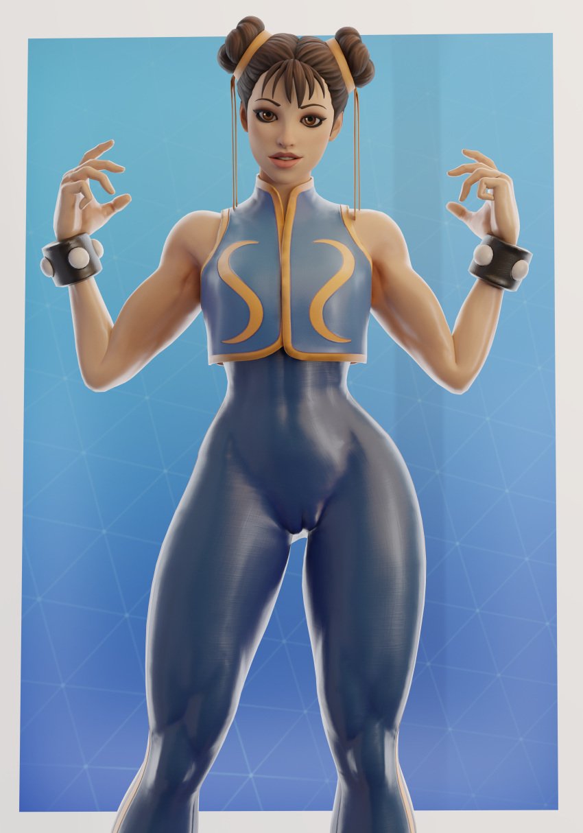 1girls 3d 3d_(artwork) athletic athletic_female bare_shoulders biceps bodysuit brown_eyes brown_hair busty cameltoe capcom chun-li chun-li_(fortnite) emberstock female female_only fortnite hourglass_figure looking_at_viewer medium_breasts muscular_female muscular_thighs shiny skin_tight smile solo standing street_fighter thick_thighs wide_hips