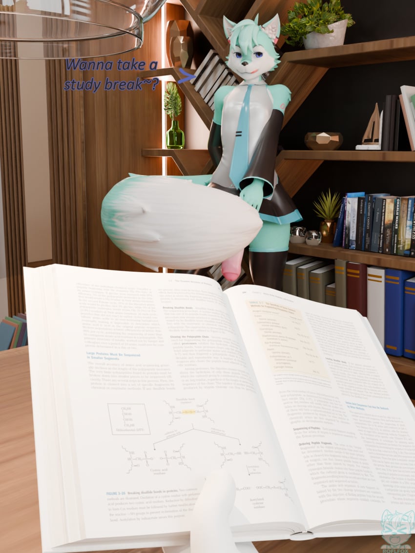 2025 3d_(artwork) ambiguous_gender anthro blender_(artwork) blue_body blue_eyes blue_fur book bookshelf bottomwear canid canine clothed clothing clothing_lift cosplay dialogue digital_media_(artwork) duo english_text eyebrows fox fur furniture genitals hatsune_miku hi_res legwear licking licking_lips looking_at_viewer male mammal necktie penis plant plant_pot potted_plant roflfox roflfox_(alexw95) roflfox_(artist) shirt skirt skirt_lift sleeveless_shirt solo_focus text thigh_highs tongue tongue_out topwear vocaloid white_body white_fur