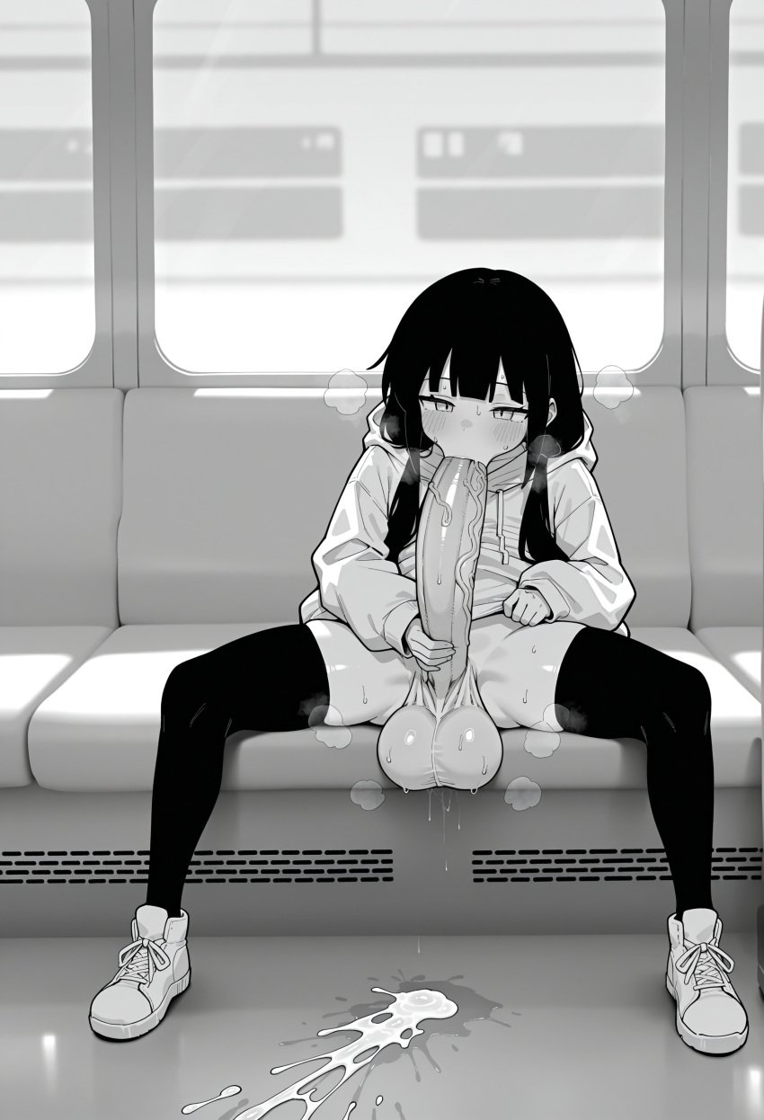 1futa 1girls :&gt;= ai_generated autofellatio black_hair blunt_bangs blush clothes_lift cum dickgirl futanari futanari_masturbation greyscale half-closed_eyes handjob hoodie hot huge_balls huge_cock inabakumori indoors intersex looking_at_penis low_twintails monochrome osage-chan public_exposure public_nudity sagging_balls seat sitting small_breasts sneakers spread_legs sucking_penis sweat thighhighs train train_interior vacuum_fellatio window