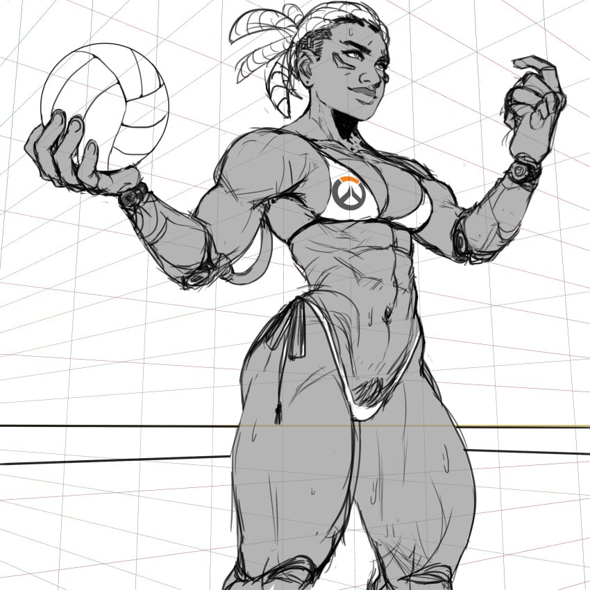 1girls 2d abs bikini come_hither cybernetics dark-skinned_female dark_skin dreadlocks escapegoatery human human_only lips monochrome muscular muscular_female overwatch overwatch_2 pubic_hair scapegoat side-tie_bikini sketch sojourn_(overwatch) solo solo_focus volleyball