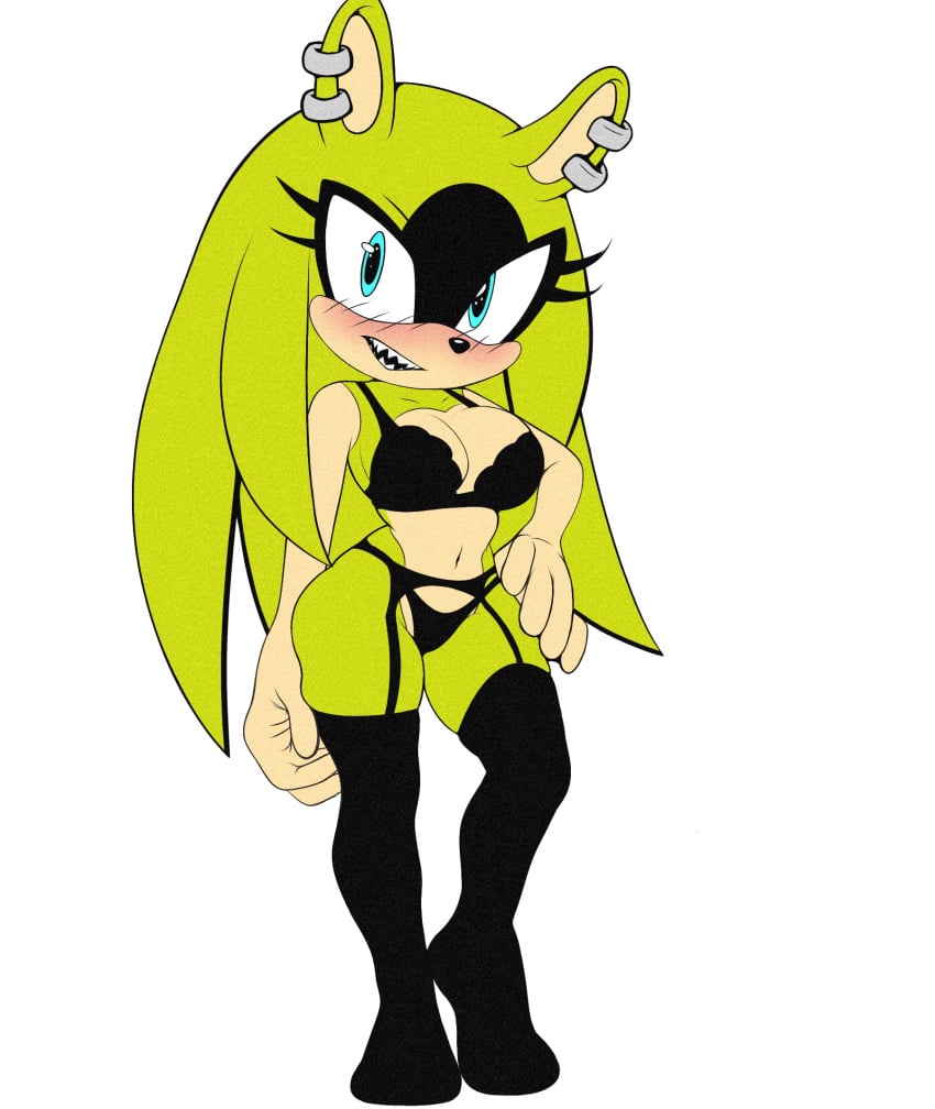 blush bra earrings female furry garter_belt garter_straps genyacero long_hair loose_hair sega sonic_(series) surge_the_tenrec thighhighs thong
