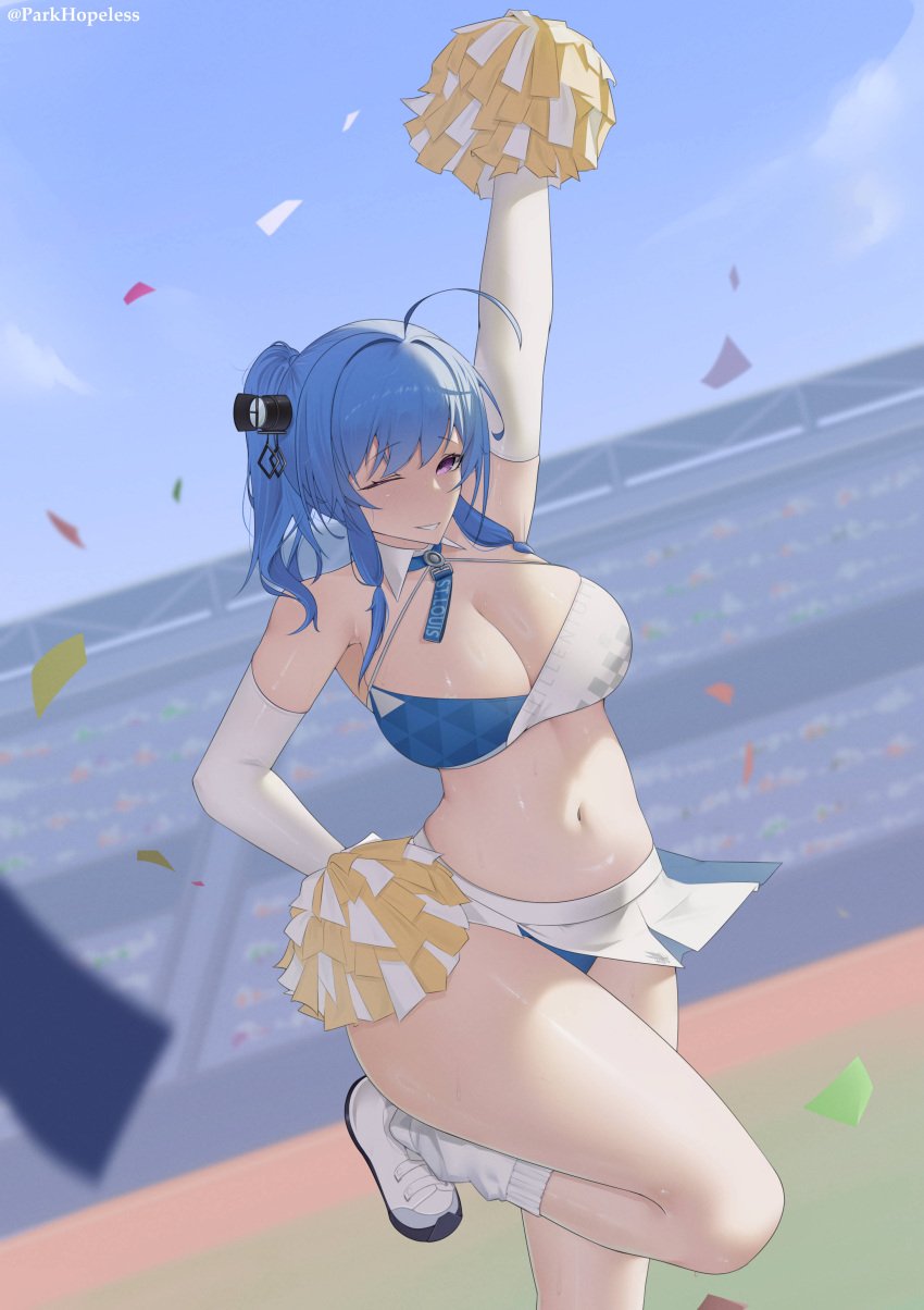 1girls ahoge antenna_hair arm_above_head arm_up azur_lane big_breasts blue_eyebrows blue_hair blue_hair_female blue_sky cheerleader cheerleader_uniform cheerleading clouds curvaceous curvaceous_body curvaceous_female curvaceous_figure curvaceous_hips curvy curvy_body curvy_female curvy_figure curvy_hips day daylight daytime eye_closed female hand_above_head hand_up large_breasts one_eye_closed one_eye_open outdoor outdoors outside parkhopeless purple_eyes purple_eyes_female sky st._louis_(azur_lane) wink winking winking_at_viewer winking_eye