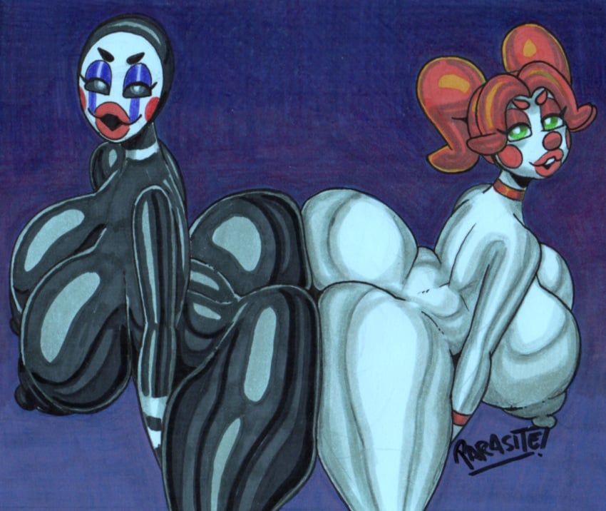 2girls animatronic areolae ass asses_touching big_ass big_breasts breasts circus_baby circus_baby_(fnaf) female five_nights_at_freddy&#039;s five_nights_at_freddy&#039;s:_sister_location five_nights_at_freddy&#039;s_2 huge_breasts large_ass large_breasts lipstick looking_at_viewer marionette_(fnaf) naked nipples no_background open_mouth open_mouth parasitedeath pressed_against pressing_asses_together puppet_(fnaf) robot smooth_skin watermark