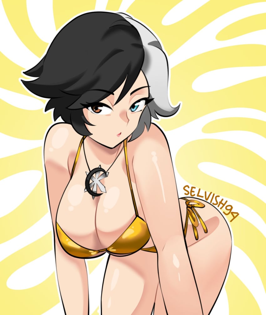 1girls artist_name bikini breasts cleavage female gold_bikini heterochromia jewelry large_breasts looking_at_viewer luna_snow luna_snow_(marvel_rivals) marvel marvel_comics marvel_rivals necklace selvish94 short_hair side-tie_bikini solo solo_female solo_focus swimsuit two_tone_hair