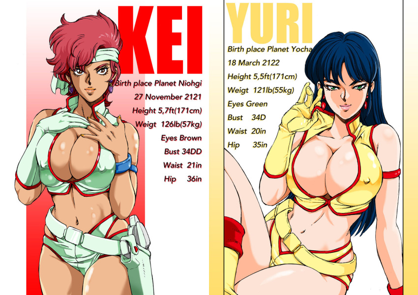 2019 2girls big_breasts blue_hair breasts brown_eyes busty curvaceous dark-skinned_female dark_skin dirty_pair earrings erect_nipples female female_focus female_only green_eyes headband hourglass_figure human kei_(dirty_pair) kugayama_hodai large_breasts light-skinned_female light_skin long_hair multiple_girls pink_hair red_hair short_hair tagme thick_thighs tomboy wide_hips yuri_(dirty_pair)