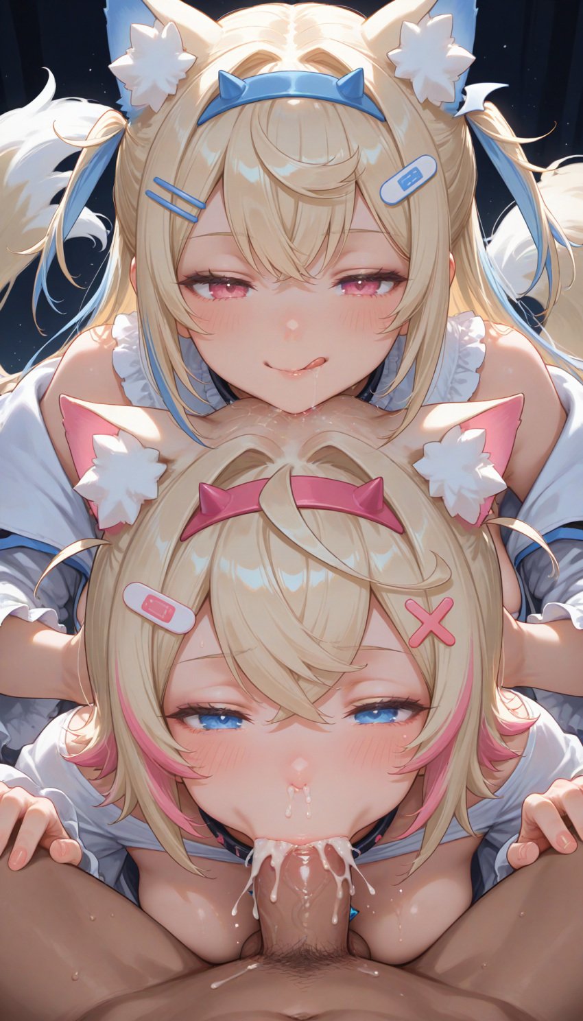 1boy 2girls ai_generated balls blush collar cum cum_in_mouth dog_ears dog_girl fellatio female fuwamoco fuwawa_abyssgard guided_fellatio hands_on_another&#039;s_head hands_on_head hololive hololive_english large_breasts large_penis male mococo_abyssgard penis saliva smile straight testicles twins virtual_youtuber