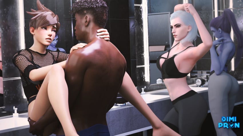 3d ashe_(overwatch) ass baptiste blender brown_eyes brown_hair dark-skinned_male daz3d daz_studio dimipron faceless_male fitness interracial overwatch pale-skinned_female purple_hair purple_skin red_eyes sports_bra sportswear straight tracer white_hair widowmaker