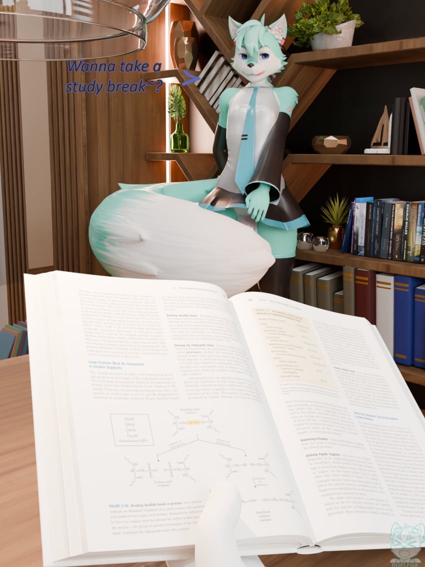 2025 3d_(artwork) ambiguous_gender anthro blender_(artwork) blue_body blue_eyes blue_fur book bookshelf bottomwear canid canine clothed clothing clothing_lift convenient_censorship cosplay dialogue digital_media_(artwork) duo english_text eyebrows fox fur furniture genitals hatsune_miku hi_res legwear licking licking_lips looking_at_viewer male mammal necktie penis plant plant_pot potted_plant roflfox roflfox_(alexw95) roflfox_(artist) shirt skirt skirt_lift sleeveless_shirt solo_focus tail tail_censorship text textbook thigh_highs tongue tongue_out topwear vocaloid white_body white_fur