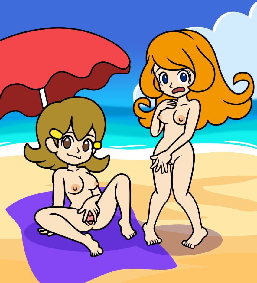 2girls 5-volt accurate_art_style barefoot beach completely_nude completely_nude_female confident covering_self edit female female_only full_body light-skinned_female lisnotsfw mona_(warioware) naked naked_female nintendo nude nude_female on_floor on_model spreading warioware worried