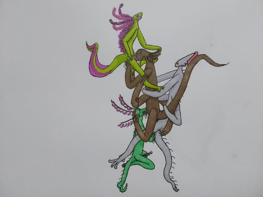 2_penises 3_fingers 4_arms absurd_res ambiguous_fluids anal anthro back_spikes back_spines bodily_fluids cnot_(artist) croleg exoskeleton fingers genital_fluids genitals group hi_res holding_penis humanoid male male/male masturbation mouthless multi_arm multi_genitalia multi_limb multi_penis oral penis precum sarca spikes spikes_(anatomy) tagme tail trapper_(species) unusual_anatomy unusual_genitalia unusual_mouth unusual_tail winged_salamander
