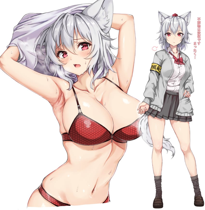 1girls alternate_costume amagi_(amagi626) animal_ear_fluff animal_ears anklehighs armpits bare_shoulders black_socks bow bowtie bra breasts brown_footwear brown_loafers cardigan cleavage clothed clothing collarbone contrapposto female female_only fully_clothed grey_legwear grey_skirt hat humanoid kemonomimi large_breasts loafers looking_at_viewer loose_socks miniskirt momiji_inubashiri mostly_nude multiple_views navel oerba_yun_fang pale_skin panties pleated_skirt red_bra red_eyes red_headwear red_neckwear red_panties school_uniform shoes silver_hair simple_background skirt socks socks_and_shoes solo standing stomach sweat tail tokin_hat touhou underboob underwear white_background wolf_ears wolf_girl wolf_tail