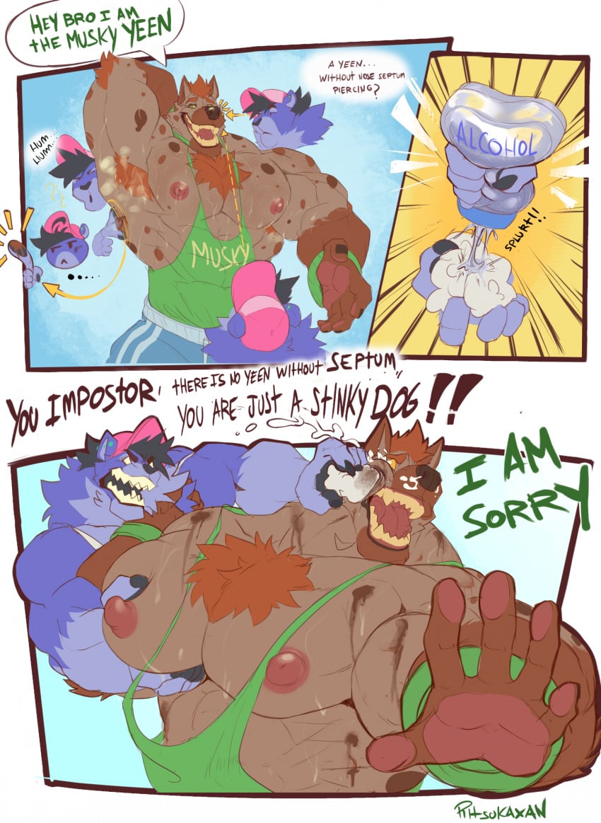 2025 anthro anthro_on_anthro areola armpit_hair barazoku baseball_cap beard biceps big_muscles big_pecs bodily_fluids body_hair bodypaint bottomwear canid canine canis chest_hair claws clothed clothing comic crying dialogue directional_arrow domestic_dog duo emanata english_text eyebrows facial_hair felid fur hair hand_behind_head hat headgear headwear hi_res holding_object huge_muscles huge_pecs humor imposter kemono male male/male mammal manly multiple_scenes muscular muscular_anthro muscular_male musk nipples obliques onomatopoeia open_mouth open_smile pantherine pec_grab pec_squish pecs ritsukaxan ritsukaxan_(character) rubbing_alcohol serratus shirt shorts signature simple_background smile snot sound_effects spots squish standing sweat tank_top tears teeth text text_on_clothing text_on_shirt text_on_tank_top text_on_topwear thick_arms topwear tuft