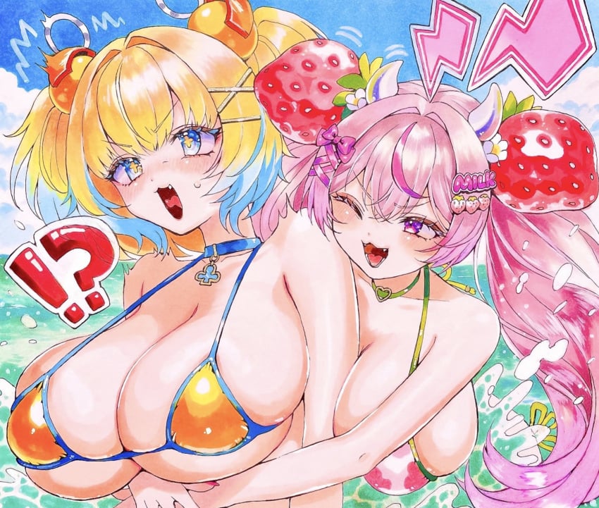 !? 2girls :3 :d bombergirl embarrassed fang hug huge_breasts hugging_from_behind multiple_girls one_eye_closed original original_character pine_(bombergirl) shocked traditional_media traditional_media_(artwork) upper_body watercolor_(artwork) yuri