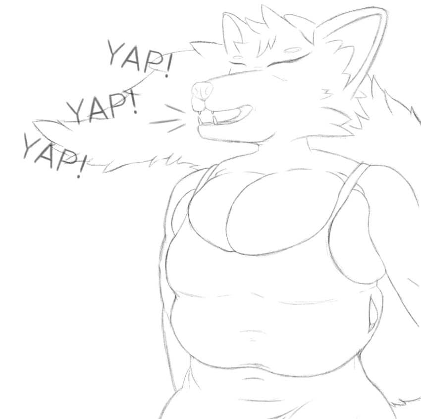 anthro belly big_breasts big_tail breasts canid canine cjthegreat2003 clothed clothing dress female fluffy fluffy_tail fox happy huge_breasts humanoid mammal overflowing_breasts solo tail talking_to_another tight_clothing torn_clothing yapping