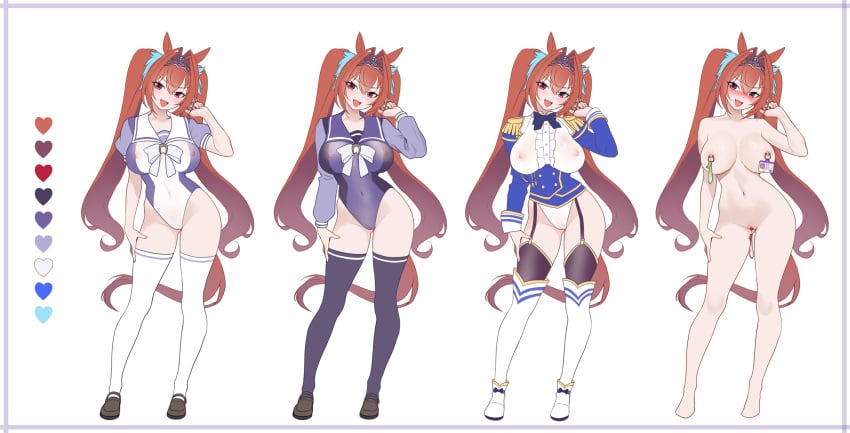 absurdres adapted_costume animal_ears black_thighhighs blue_bow blue_bowtie blue_jacket blush boots bow bowtie breasts brown_hair brown_shoes cameltoe center_frills circlet color_guide commentary_request completely_nude contrapposto covered_navel covered_nipples daiwa_scarlet_(umamusume) epaulettes female frills full_body garter_straps hair_intakes head_tilt highres horse_ears horse_girl horse_tail horseshoe_ornament jacket large_breasts leotard loafers long_hair long_sleeves looking_at_viewer multicolored_leotard multiple_views nipple_piercing nipples nose_blush nude open_mouth piercing puffy_short_sleeves puffy_sleeves purple_bow purple_bowtie purple_leotard purple_thighhighs pussy pussy_piercing school_uniform shoes short_sleeves simple_background smile summer_uniform tail thigh_boots thighhighs tracen_school_uniform twintails two-tone_leotard ugohato umamusume uncensored v-shaped_eyebrows variations very_long_hair white_background white_boots white_bow white_bowtie white_leotard white_thighhighs winter_uniform