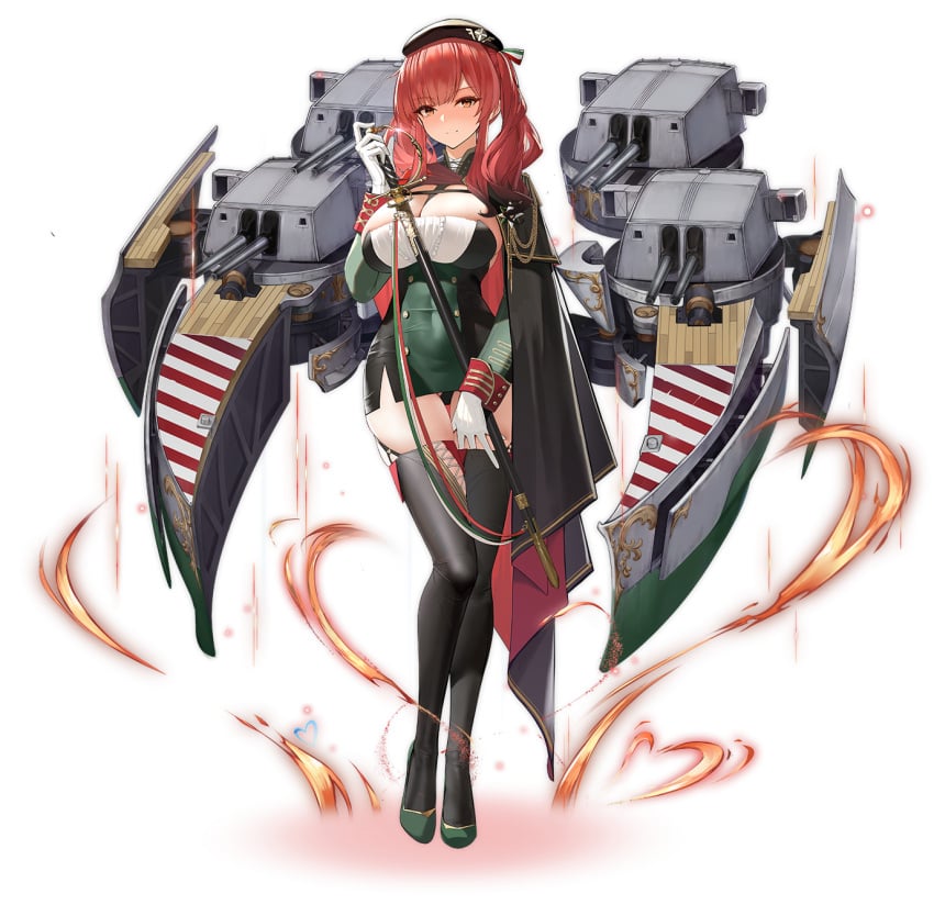 aiguillette ass_visible_through_thighs azur_lane beret between_breasts black_cape black_footwear black_headwear black_thighhighs blush boots breasts buttons cannon cape cg cleavage closed_mouth covered_navel dress epaulettes female full_body garter_straps gloves green_dress green_footwear hand_on_hilt hat high_heels holding holding_sword holding_weapon italian_flag jacket large_breasts long_hair long_sleeves looking_at_viewer machinery medal microdress military military_uniform multicolored_clothes multicolored_dress official_art panties red_eyes red_hair rigging saber_(weapon) sheath sheathed shoes short_dress sidelocks skindentation smile solo standing sword taut_clothes taut_dress thigh_gap thighhighs thighs transparent_background turret twintails underwear weapon white_gloves zara_(azur_lane) zettai_ryouiki