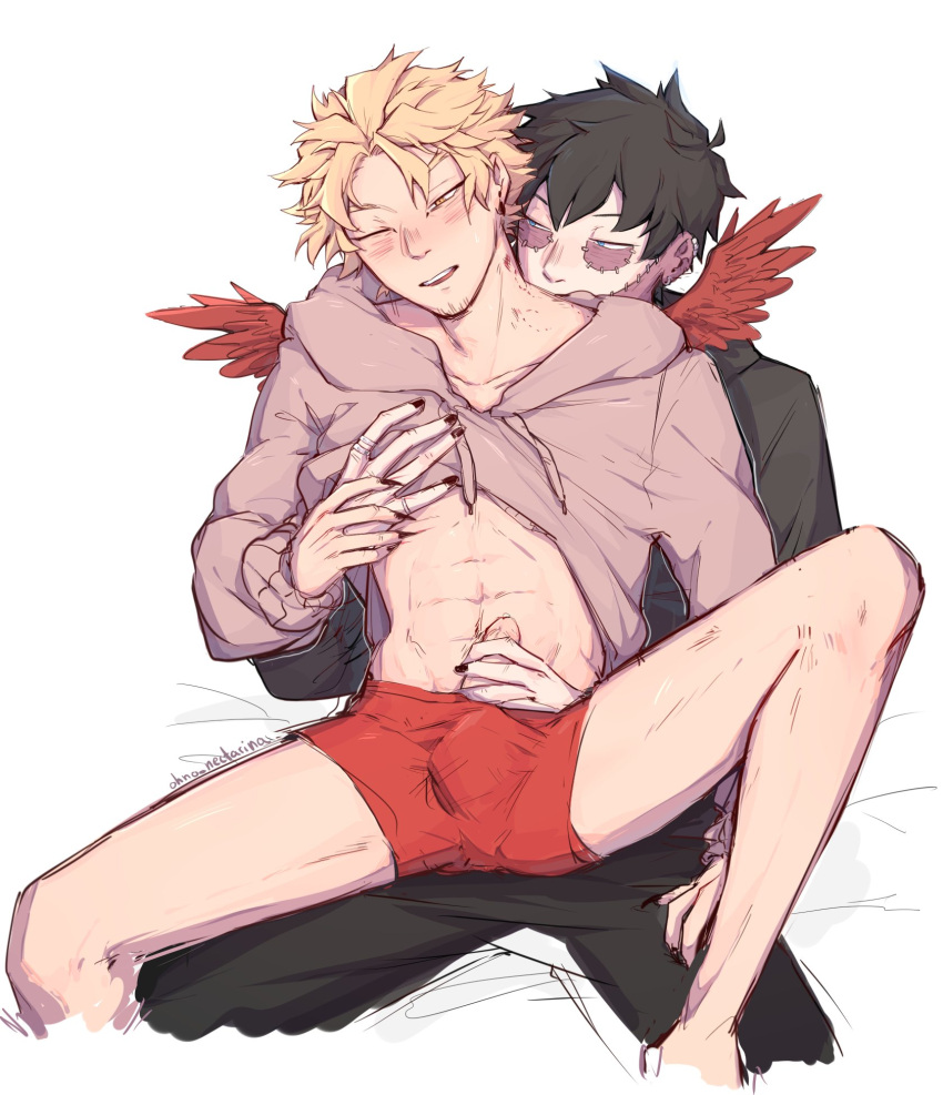 2boys bare_midriff bare_thighs bite_mark black_hair blonde_hair blush boku_no_hero_academia bulge bulge_through_clothing burn_scar clothing dabi feathered_wings gay hand_on_penis handjob hawks_(my_hero_academia) hoodie_lift keigo_takami male/male my_hero_academia ohno_nectarina one_eye_closed penis penis_out scar scars sitting_on_lap takami_keigo todoroki_touya touya_todoroki wings yaoi