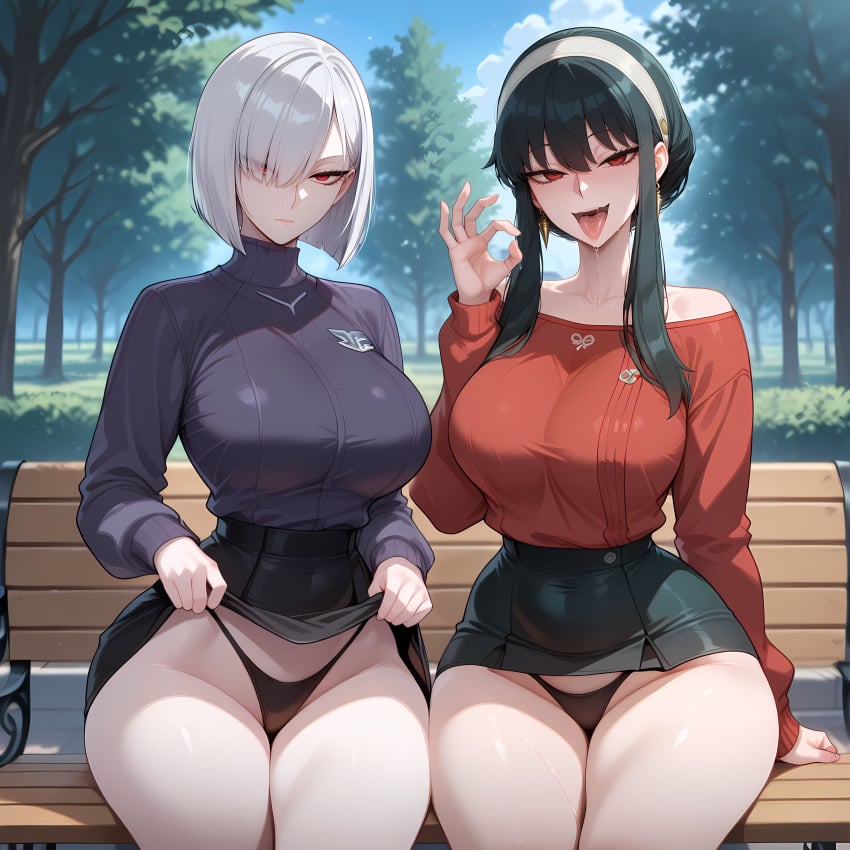 2girls ai_generated bench big_breasts black_hair fellatio_gesture female female_focus female_only fiona_frost looking_at_viewer no_sex open_mouth outdoors panties red_eyes skirt skirt_lift spy_x_family tongue tongue_out white_hair yor_briar yor_forger