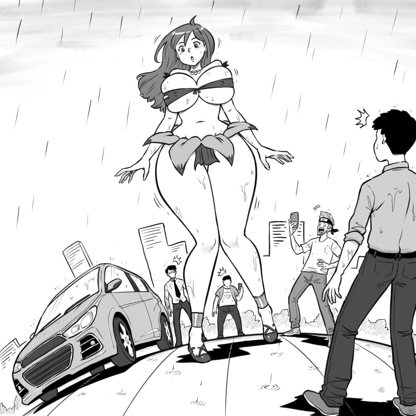 1girls bare_legs big_breasts breast_expansion breasts bursting_breasts cosplay female giantess growth huge_breasts isabelle_(jaw) jungle_de_ikou just-add-water99 larger_female monochrome rain size_difference smaller_male tagme thick thick_thighs wide_hips