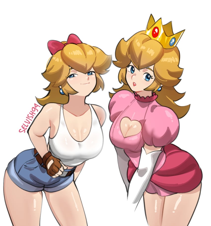 1girls alternate_costume artist_name belt blonde_hair bow breasts cleavage cleavage_cutout crown denim denim_shorts earrings elbow_gloves female hair hairbow long_gloves looking_at_viewer mario_(series) mario_kart mario_kart_world nintendo official_alternate_costume open_mouth pink_bow pink_hair_bow pink_hairbow princess_peach princess_peach_(touring) selvish94 shiny_skin short_hair smug smug_expression smug_face tank_top thighs white_elbow_gloves white_gloves white_long_gloves white_tank_top