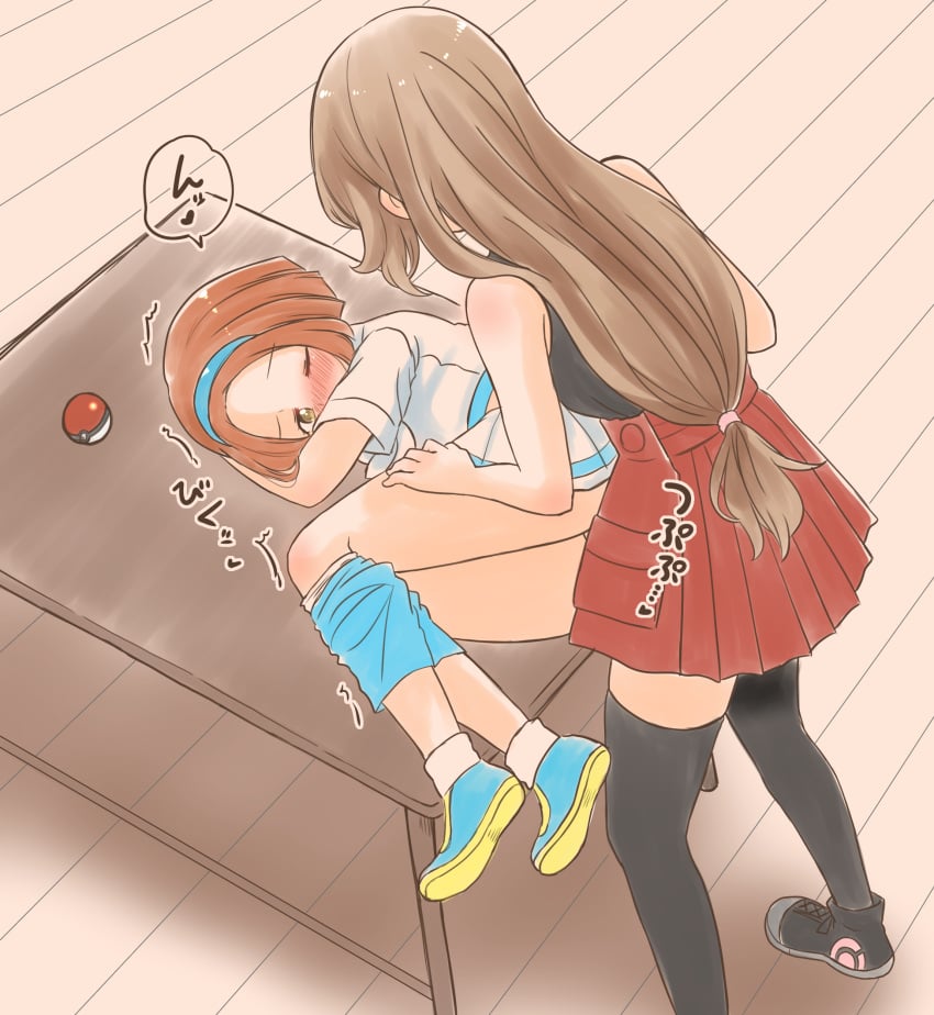 absurdres azumanishiki blush clothed_sex female futa_with_female futanari highres non-web_source on_table pleated_skirt poke_ball pokemon pokemon_xy rising_star_(pokemon) serena_(pokemon) sex skirt table thighhighs