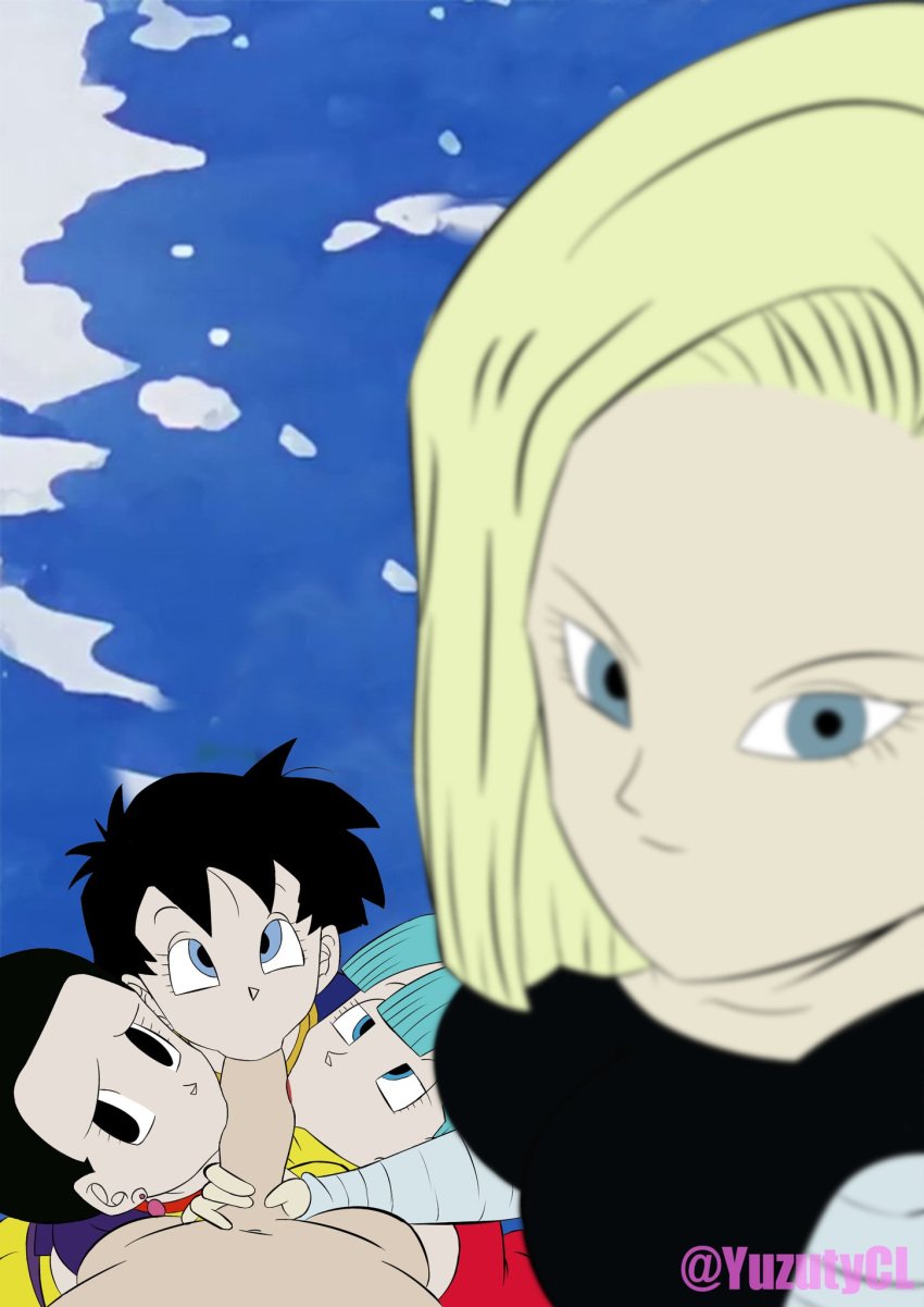 1boy 2d 2d_(artwork) 4girls android_18 big_breasts big_penis black_hair black_hair_female blonde_female blonde_hair blonde_hair_female blowjob blowjob_face blue_hair blue_hair_female breasts bulma_briefs cheating cheating_female cheating_girlfriend cheating_wife chichi clothed clothed_female clothed_female_nude_male clothed_sex clothing completely_nude completely_nude_female dragon_ball dragon_ball_z female fully_clothed fully_clothed_female handjob huge_cock krillin kuririn licking_penis looking_at_partner looking_at_viewer looking_up male multiple_girls nude nude_male oral oral_penetration oral_sex penis pov pov_eye_contact pov_male sharing_husband short_hair sucking_penis videl yuzutycl