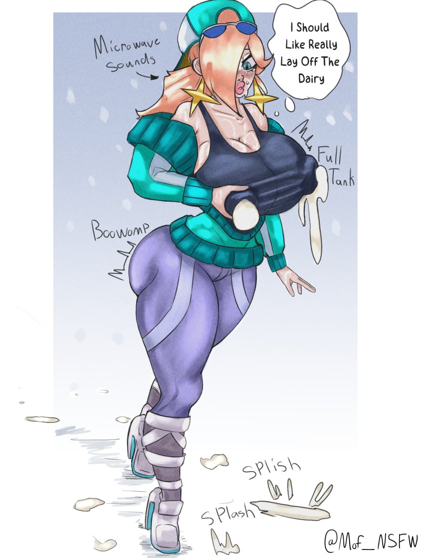 1girls bimbo bimbofication bimbofied blush bodily_fluids boots breast_expansion cleavage digital_media_(artwork) dripping earrings female female female_focus female_only hat heel_boots heels high_heels huge_breasts implied_transformation lactating lactating_nipples lactation lactation_through_clothes leaking leaking_milk leggings mario_kart_world milk milking moffin nintendo nipple_bulge princess_rosalina speech_bubble sweater thick_thighs tight tight_clothing tight_fit wide_hips