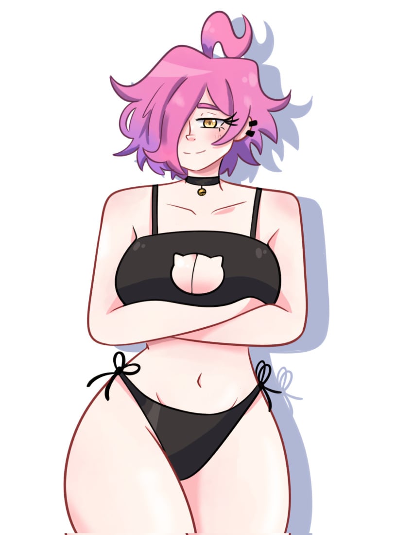 ahoge bell_collar black_clothing blush blushing collar ear_piercing gomu4rt hair_over_one_eye neneefthy partially_clothed piercing piercings pink_hair purple_hair short_hair two_tone_hair underwear white_background white_skin yellow_eyes
