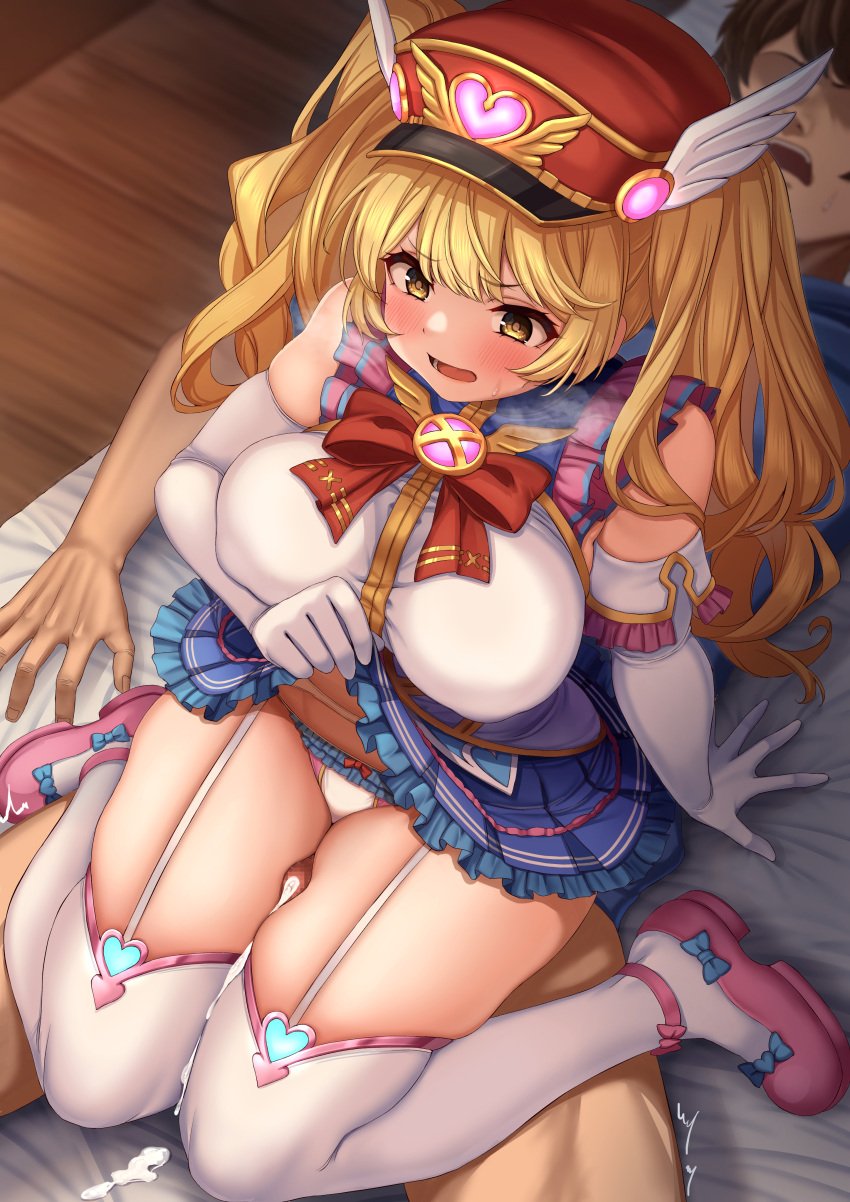 absurdres bandaid bandaid_on_face bangs between_legs between_thighs blonde_hair blush breasts cygames eyebrows_visible_through_hair female gran_(granblue_fantasy) granblue_fantasy hat highres large_breasts long_hair looking_at_viewer momo_no_sukebe monika_weisswind open_mouth panties peaked_cap penis pleated_skirt princess_connect! shingeki_no_bahamut skirt straight thigh_sex thigh_sex_in_skirt thigh_strap thighhighs thighs twintails underwear wavy_hair