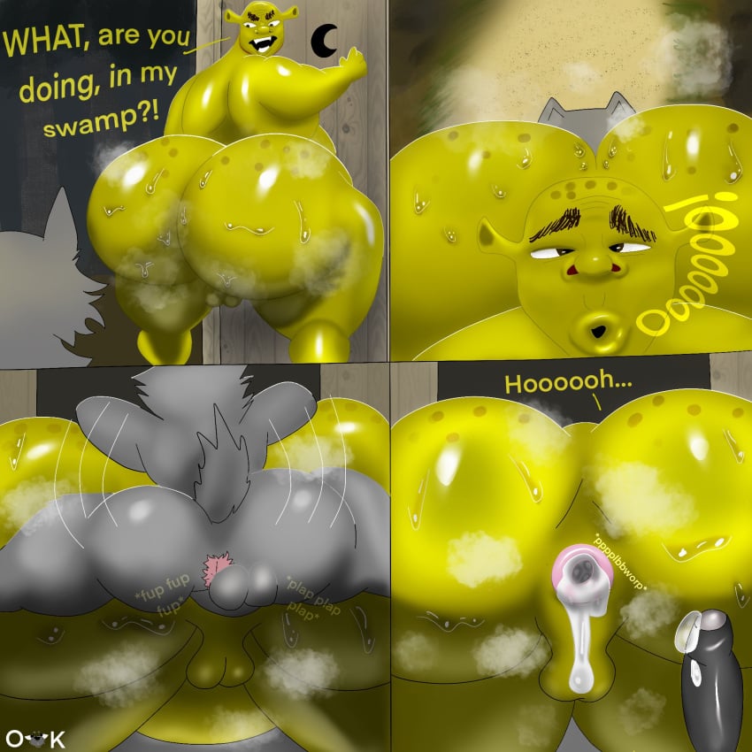1:1 after_sex anal angry anthro ass backsack balls big_butt bodily_fluids canid canine canis cum cum_dripping_from_ass cum_dripping_from_penis cum_in_ass cum_inside dialogue door dreamworks dreamworks_animation dreamworks_pictures duo gay genital_fluids genitals glistening glistening_body glistening_butt green_body hi_res huge_butt looking_pleasured male male/male mammal musk musk_clouds nude nude_male oddkangal ogre onomatopoeia oral outside outside_sex penetration penile penile_penetration penis rimming sex shrek shrek_(film) shrek_(series) small_top_big_bottom sound_effects sweat sweaty_butt text thick_thighs wolf