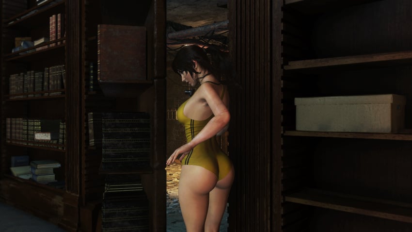 1girls 3d faith103 female game_screenshot lara_croft mod one-piece_swimsuit solo swimsuit tomb_raider yellow_one-piece_swimsuit
