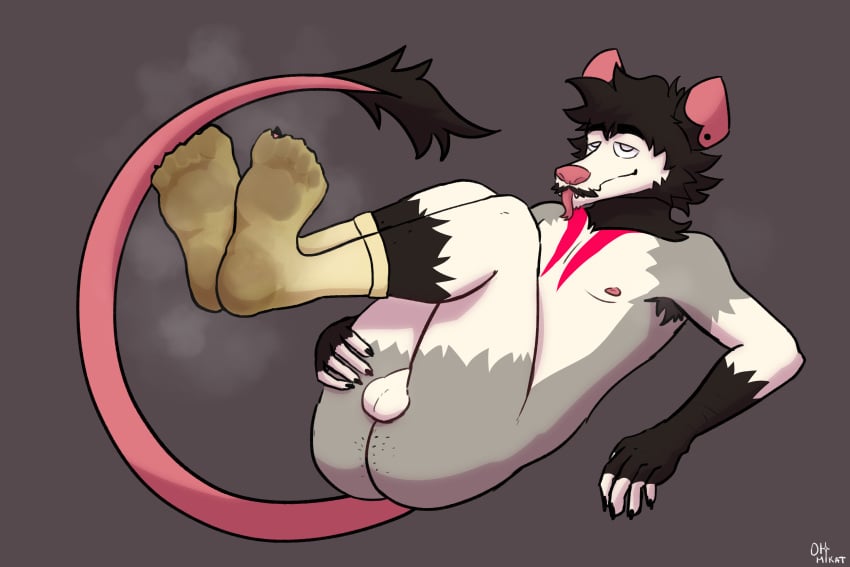 3:2 american_opossum anthro armpit_hair balls body_hair clothing dirty dirty_clothing dirty_socks feet foot_fetish foot_focus footprint footwear footwear_only genitals hi_res male mammal marsupial mostly_nude musk musk_clouds oh_mikat piercing sock_fetish socks socks_only solo tail