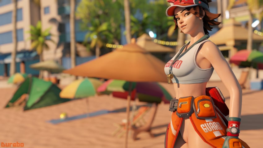 3d beach brown_hair crop_top durabo female kiriko_(overwatch) lifeguard_kiriko no_panties official_alternate_costume overwatch pussy_peek