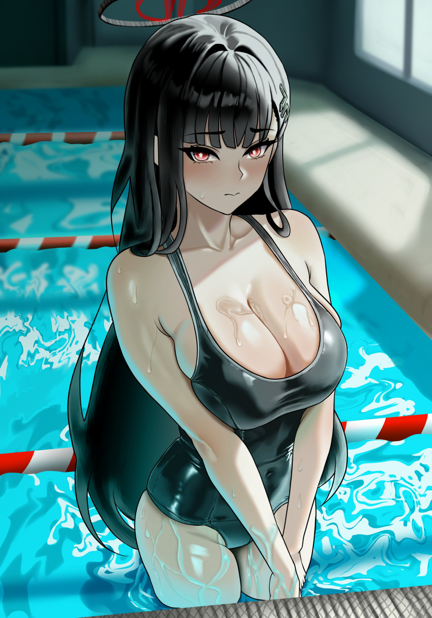 absurdres alternate_breast_size bare_shoulders black_hair blue_archive blush breasts cleavage closed_mouth collarbone commentary covered_navel dripping eyelashes female highres huge_breasts indoors large_breasts long_hair looking_at_viewer own_hands_together rio_(blue_archive) ripples shani_taiwo shy sidelighting skindentation solo standing swimsuit very_long_hair water window