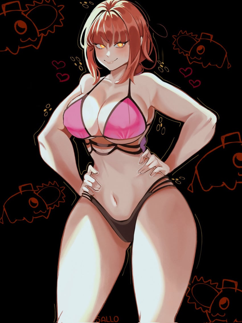 2d bikini bikini_bottom bikini_top breasts chainsaw_man commission female hands_on_hips looking_at_viewer makima_(chainsaw_man) sallomezz smile solo solo_female strappy_bra thong