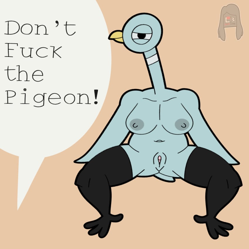 2023 anthro avian bird breasts columbid digital_drawing_(artwork) digital_media_(artwork) don't_let_the_pigeon_drive_the_bus english_text feathers female genitals hi_res lewdware looking_at_viewer nipples nude pigeon profanity pussy signature solo speech_bubble tail text wings