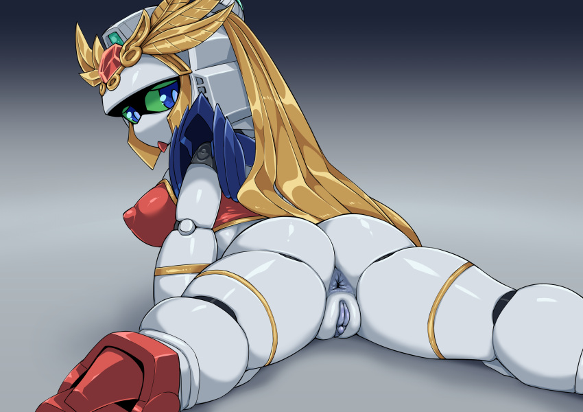 1girls absurdres anus ass blonde_hair blue_eyes breasts chocolate_starfish cleft_of_venus clitoris erect_nipples erect_nipples_under_clothes female forehead_jewel gradient green_sclera gundam high_resolution highres humanoid looking_at_viewer looking_back mecha mobile_suit nipples no_mouth no_nose pale-skinned_female pochincoff purple_anus purple_pussy pussy robot robot_girl sd_gundam sd_gundam_sangokuden shukuyuu_gundam spread_legs uncensored white_skin