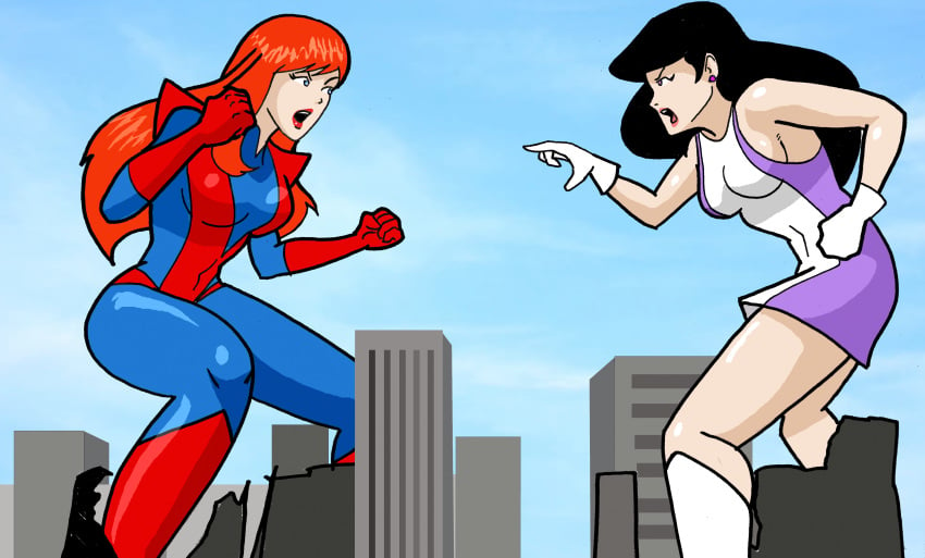 2girls black_hair bodysuit catfight city crossover dc dc_comics dcau elasti-girl giant-girl giantess imminent_fight inspector97 lois_lane lois_lane_(dcau) marvel marvel_comics mary_jane_watson red_hair spider-man_(series) superheroine superman:_the_animated_series superman_(series) tagme tight_clothing