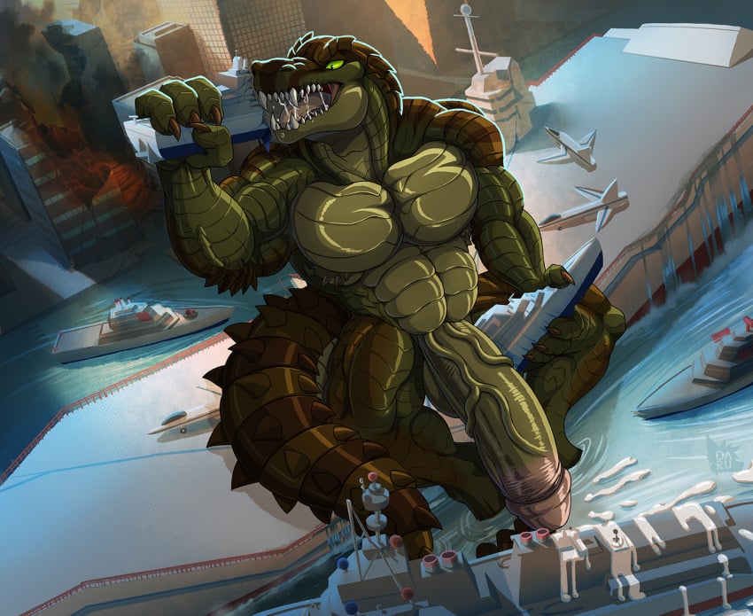 aircraft aircraft_carrier airplane anthro balls barazoku bodily_fluids building building_destruction carnak_(carpo) city city_destruction cityscape claws crocodilian crushed_vehicle cum cumshot daru_brek destruction eating ejaculation finger_claws fingers genital_fluids genitals green_body green_eyes harbor hi_res landscape_dwarfing macro male muscular muscular_male nude open_mouth outside pecs penis pyronite(commissioner) rampage reptile scalie ship sitting solo tail teeth tongue vehicle vein veiny_penis warship watercraft