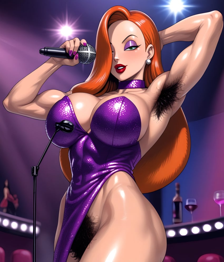 ai_generated armpit_hair athletic athletic_female deergirlfit excessive_pubic_hair hairy hairy_armpits hairy_pussy jessica_rabbit milf muscular muscular_female on_stage pubic_hair showgirl singer singing stage stage_lights stripper strong_woman